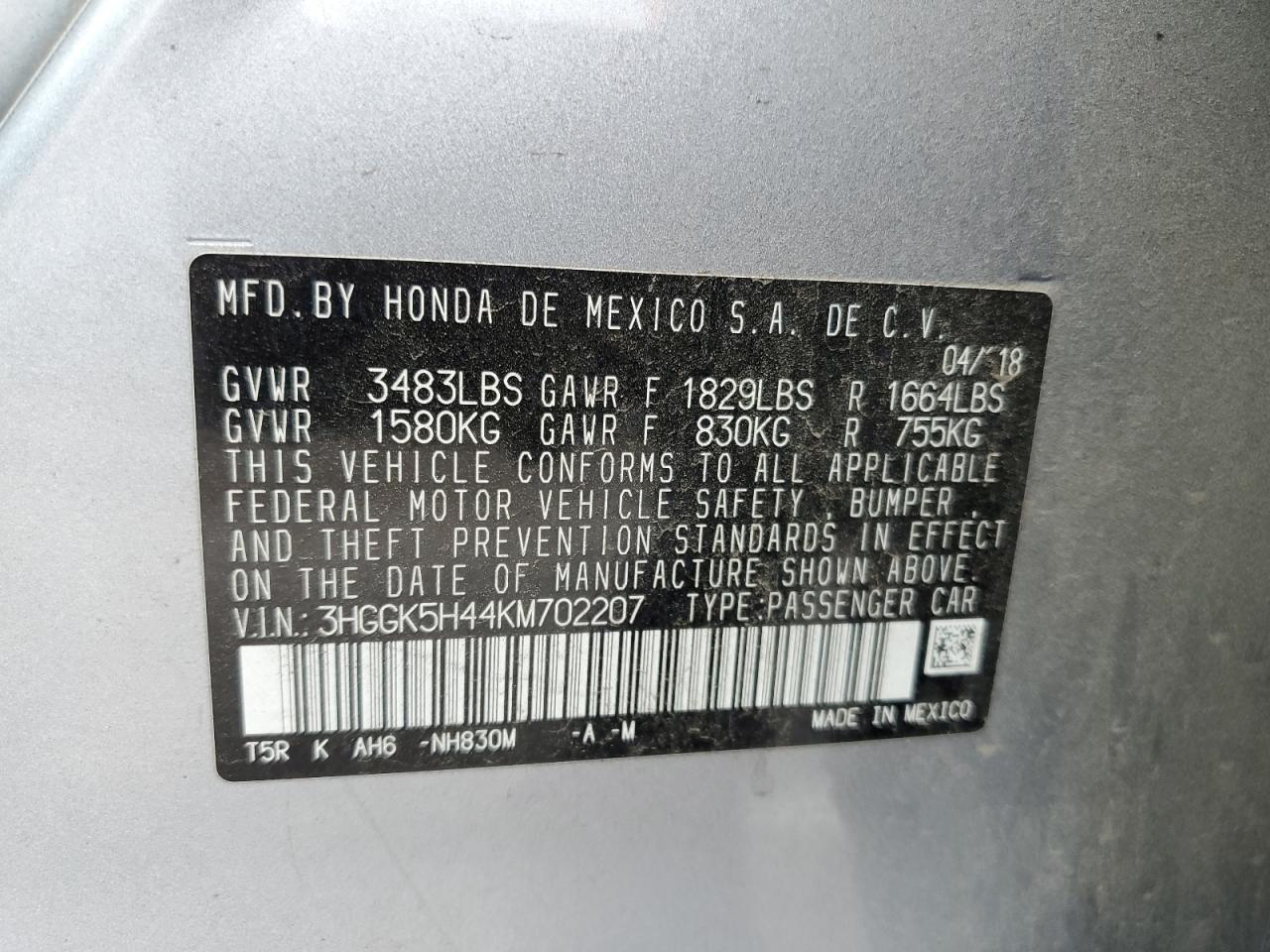 3HGGK5H44KM702207 2019 Honda Fit Lx