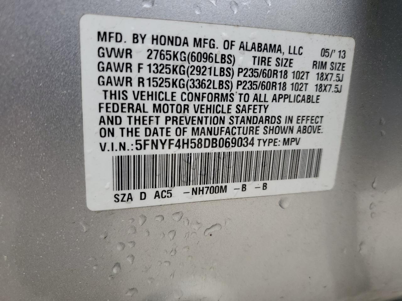 5FNYF4H58DB069034 2013 Honda Pilot Exl