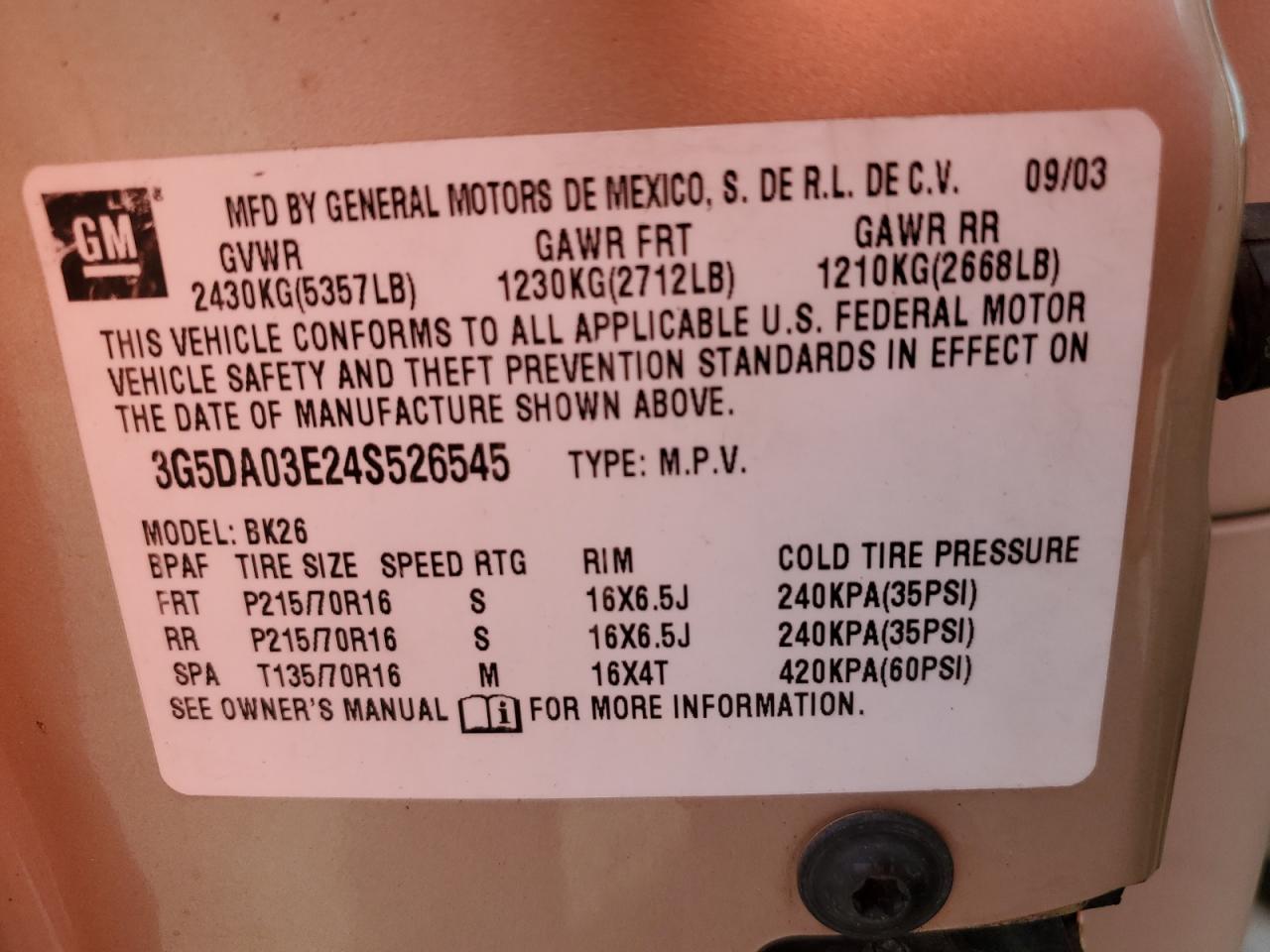 3G5DA03E24S526545 2004 Buick Rendezvous Cx