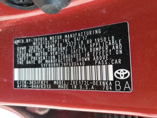 2017 Toyota Corolla L VIN: 5YFBURHE2HP680440 Lot: 56590924