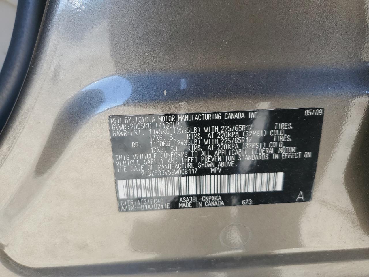 2T3ZF33V59W008117 2009 Toyota Rav4