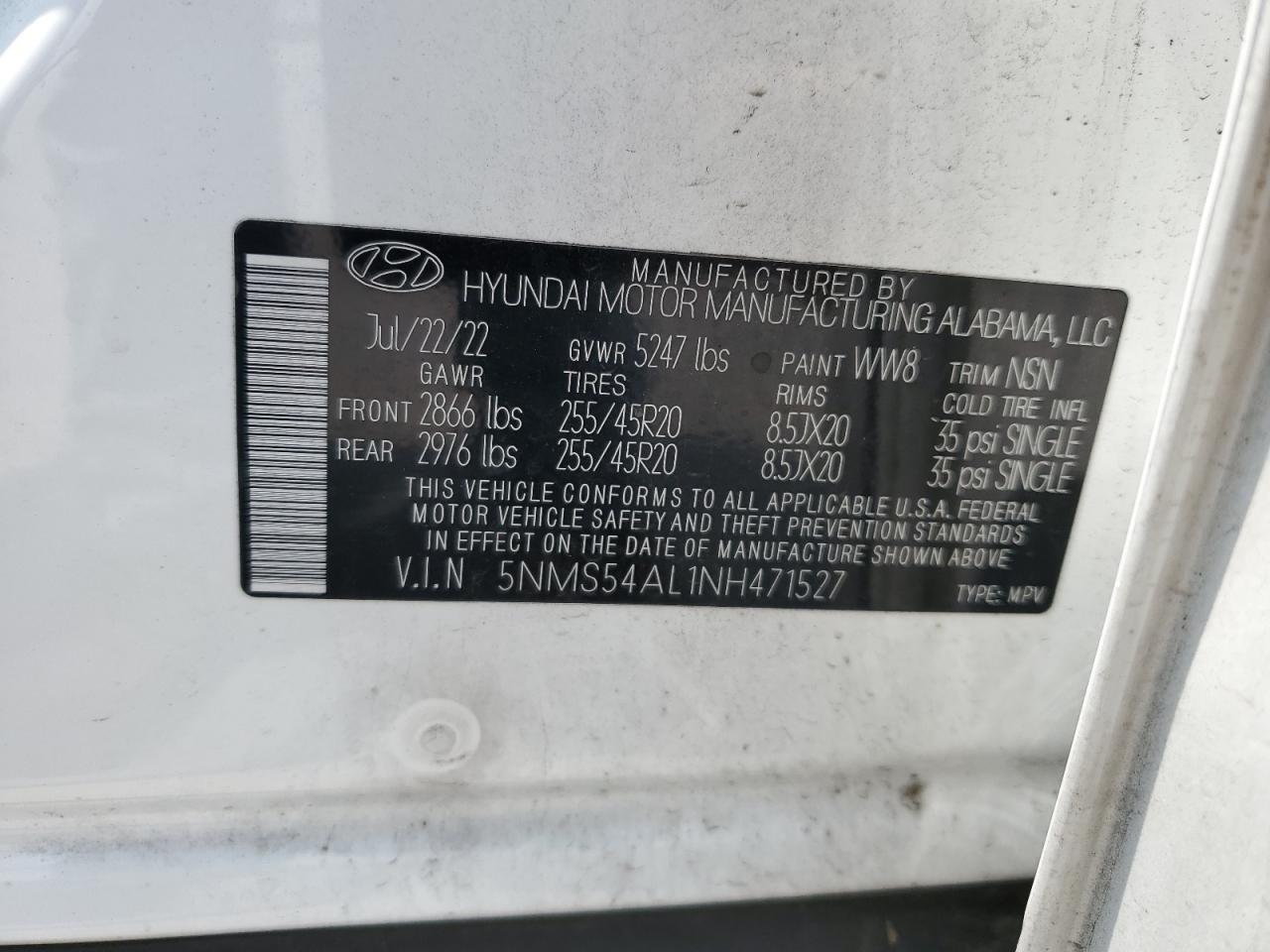 5NMS54AL1NH471527 2022 Hyundai Santa Fe Calligraphy