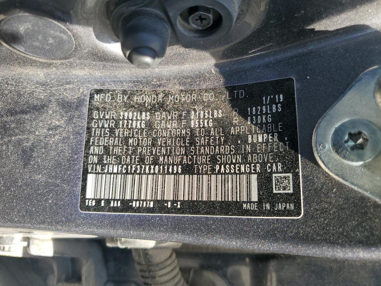 JHMFC1F37KX011496 2019 Honda Civic Ex