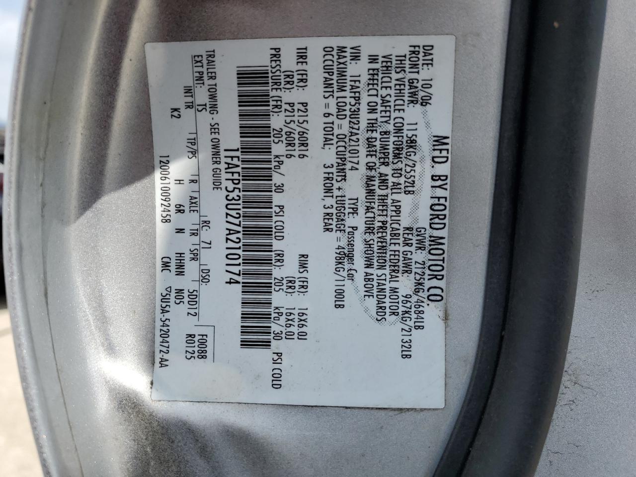 1FAFP53U27A210174 2007 Ford Taurus Se