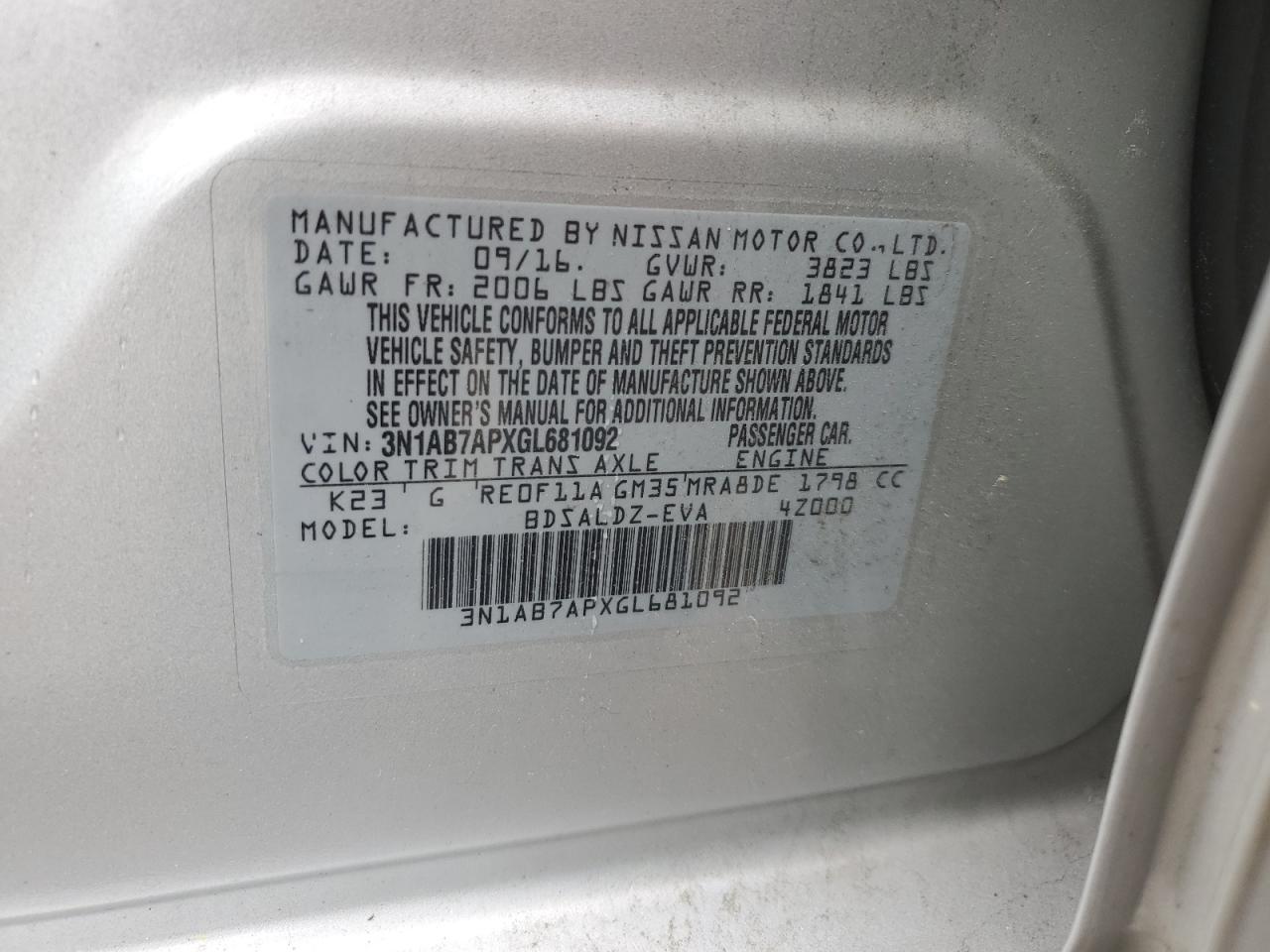 3N1AB7APXGL681092 NISSAN SENTRA 2016