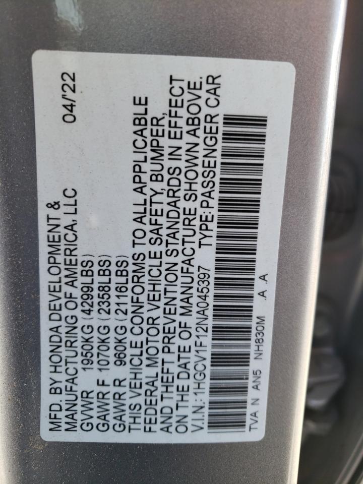 1HGCV1F12NA045397 2022 Honda Accord Lx