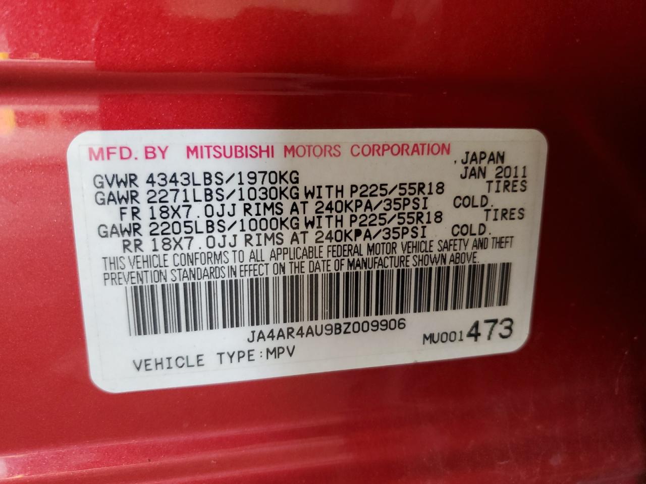 JA4AR4AU9BZ009906 2011 Mitsubishi Outlander Sport Se