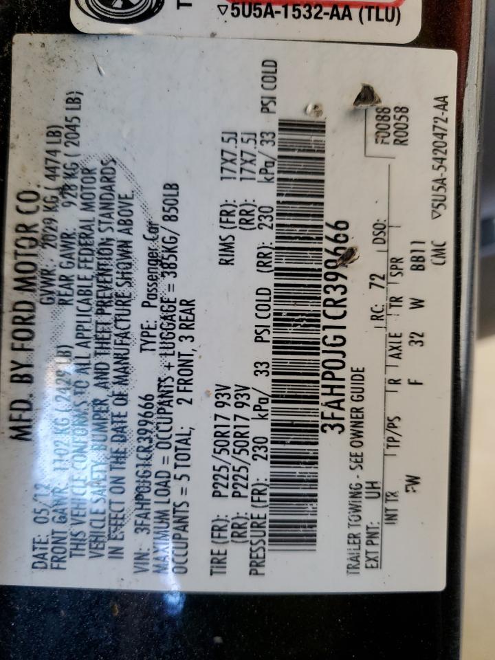 3FAHP0JG1CR399666 2012 Ford Fusion Sel