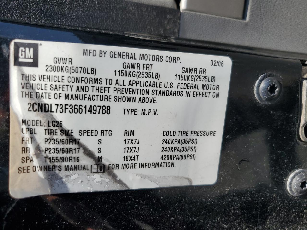 2CNDL73F366149788 2006 Chevrolet Equinox Lt