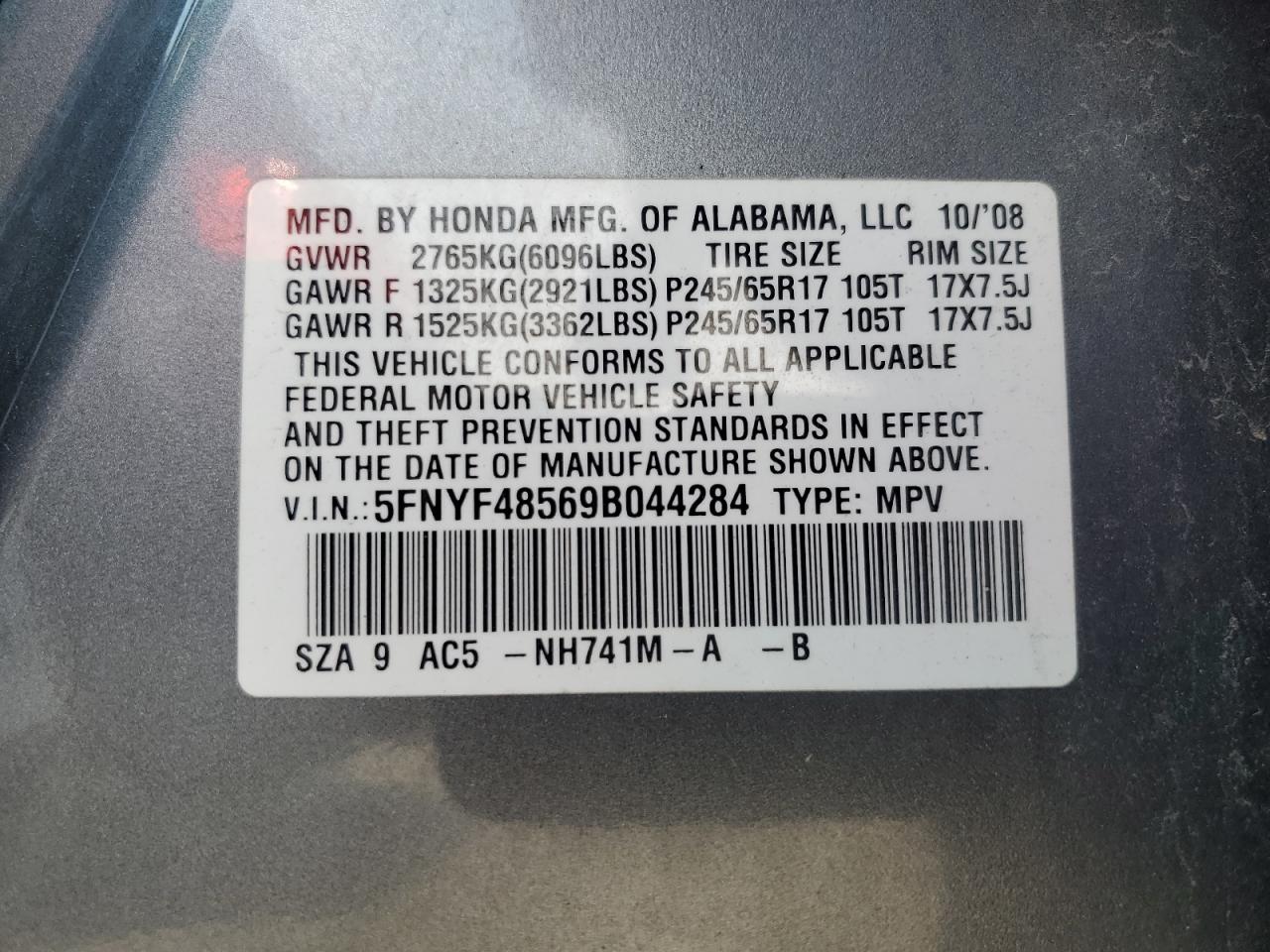 5FNYF48569B044284 2009 Honda Pilot Exl