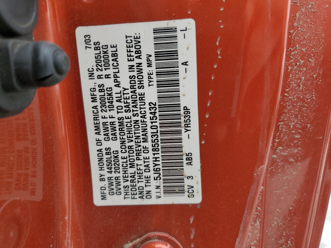 5J6YH18553L015432 2003 Honda Element Ex