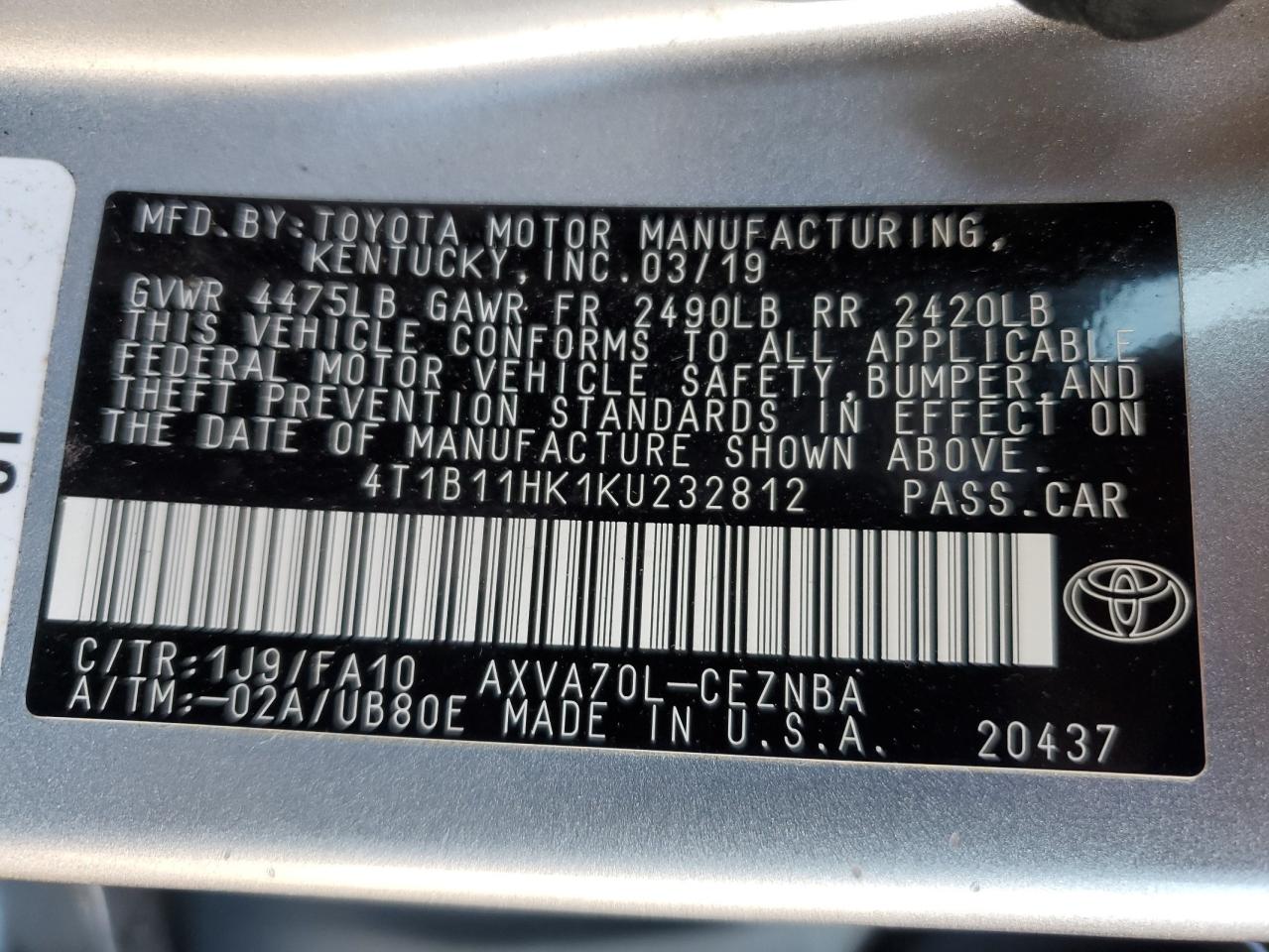 4T1B11HK1KU232812 2019 Toyota Camry L