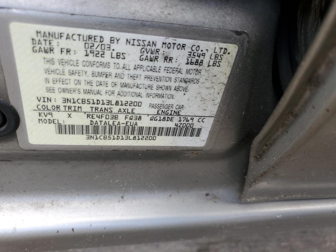 3N1CB51D13L812200 2003 Nissan Sentra Xe