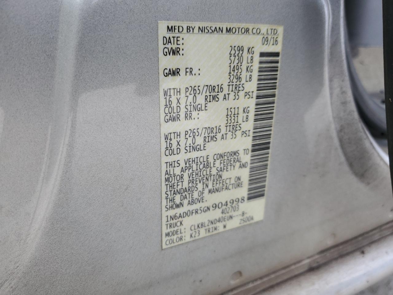 1N6AD0FR5GN904998 NISSAN FRONTIER 2016