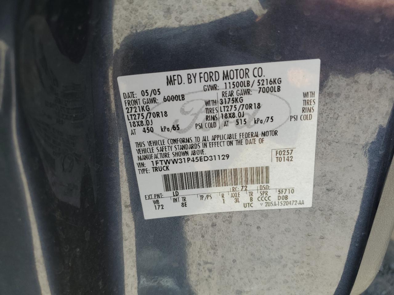 1FTWW31P45ED31129 2005 Ford F350 Srw Super Duty