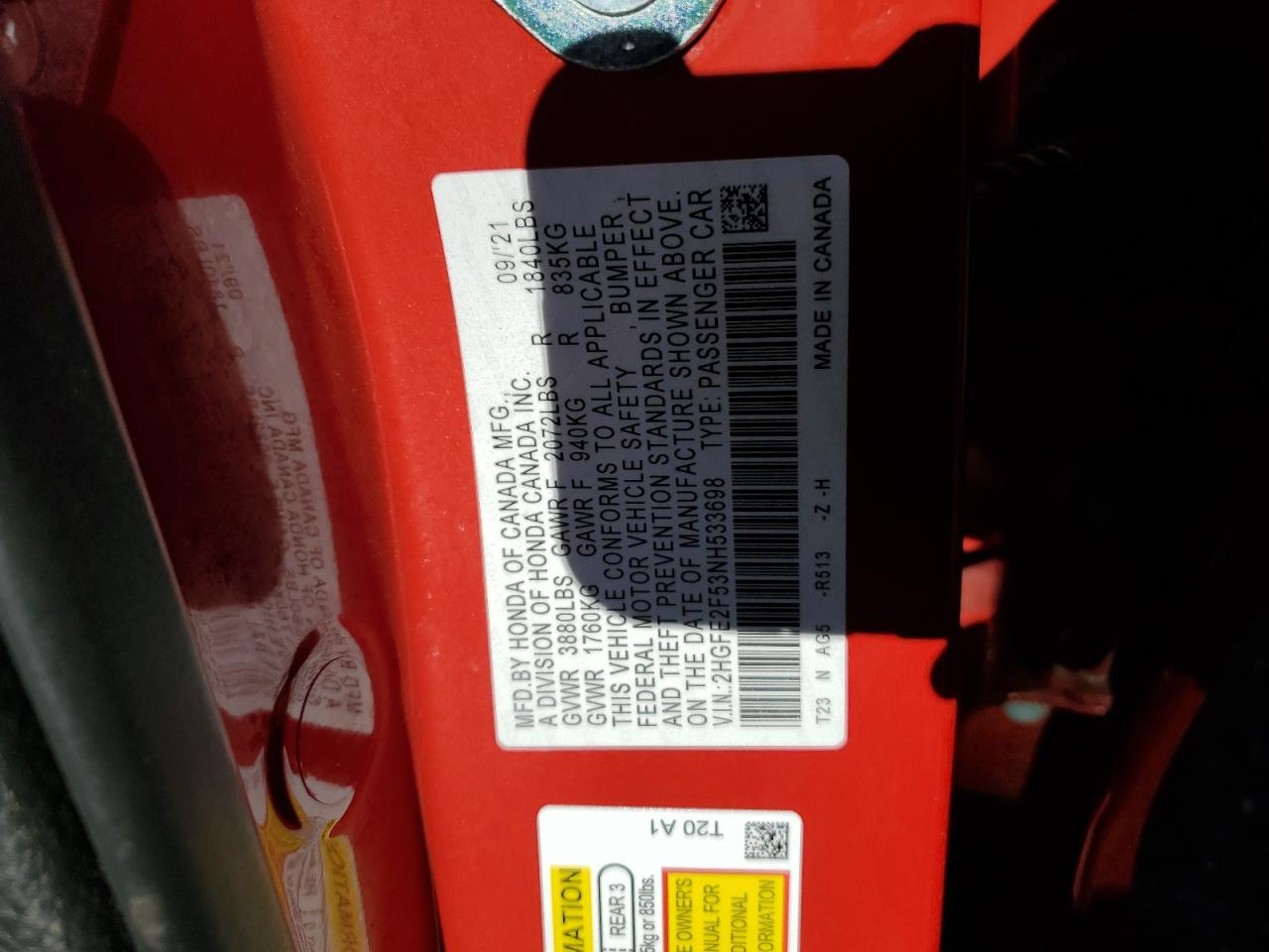 2HGFE2F53NH533698 HONDA CIVIC 2022