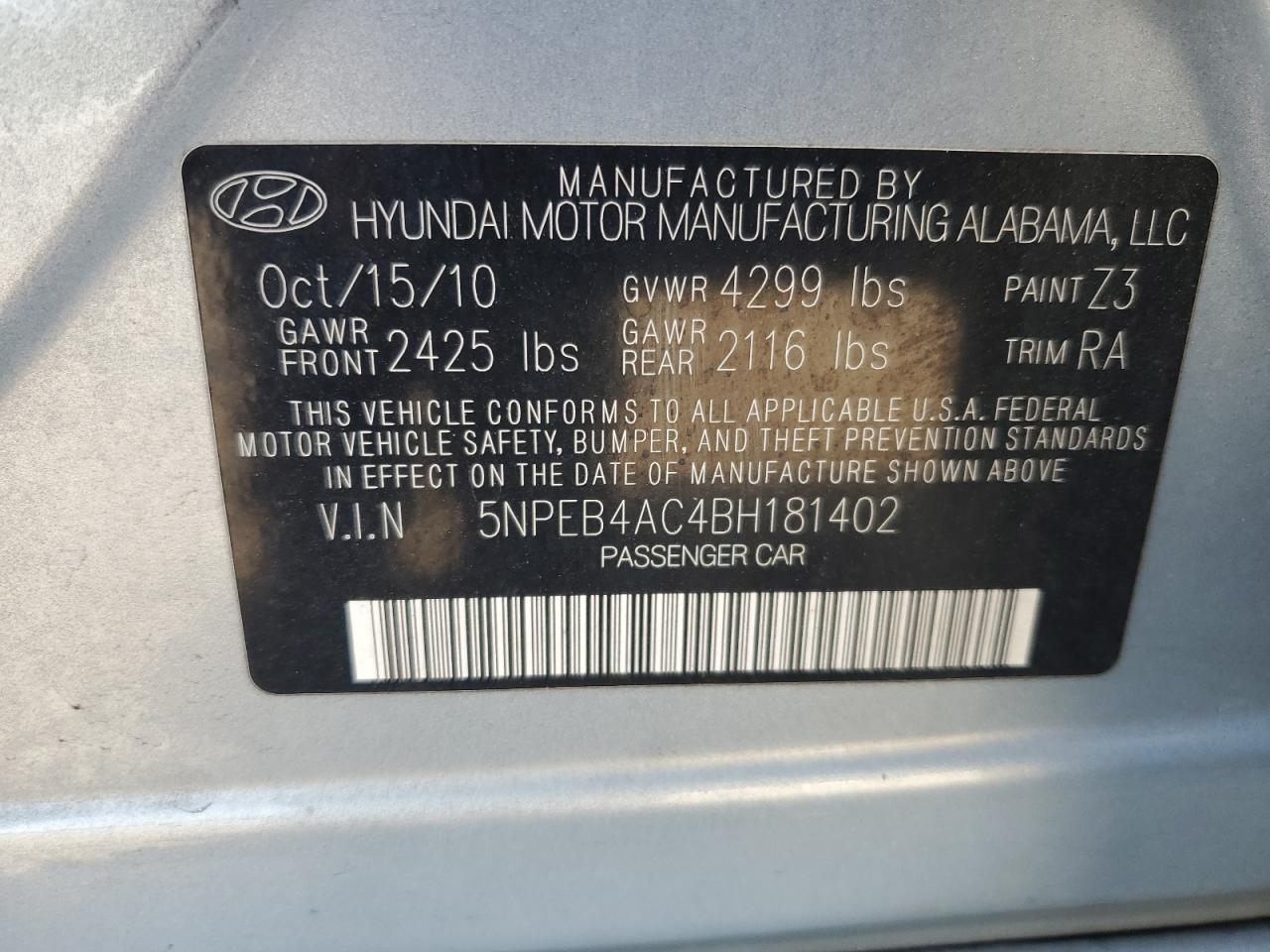 5NPEB4AC4BH181402 2011 Hyundai Sonata Gls