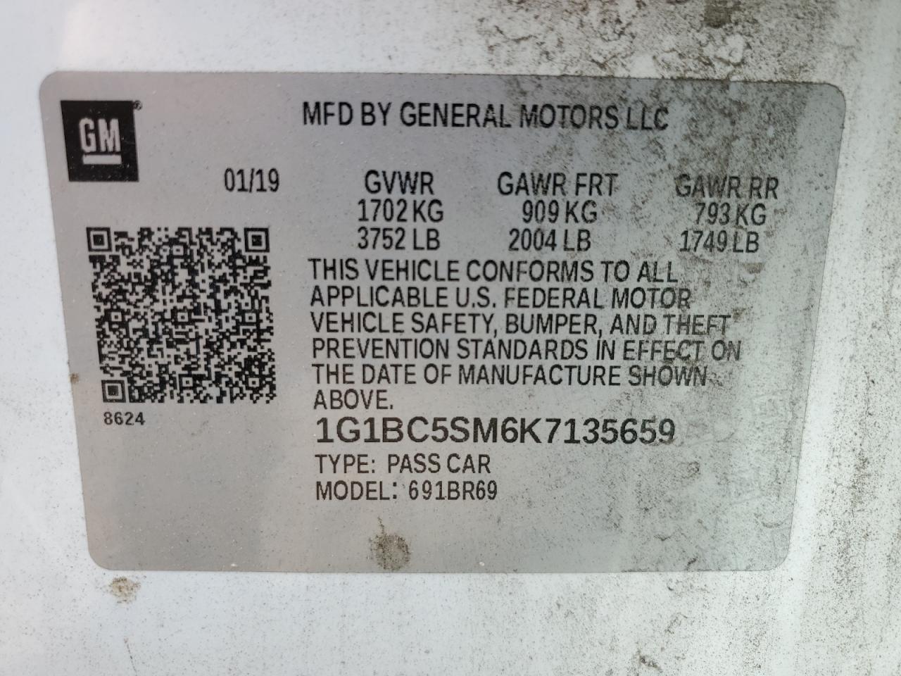 1G1BC5SM6K7135659 CHEVROLET CRUZE 2019