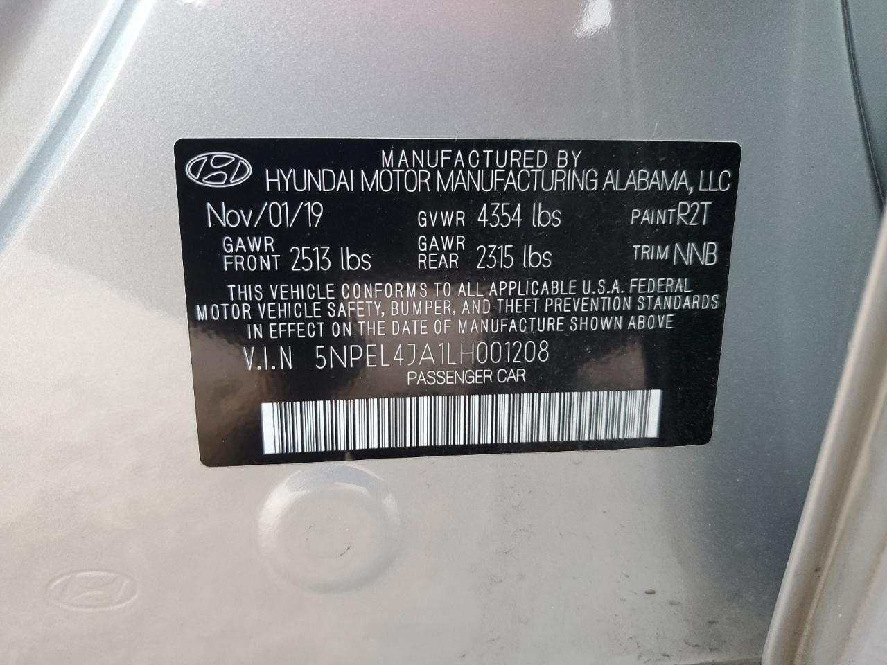 5NPEL4JA1LH001208 2020 Hyundai Sonata Sel