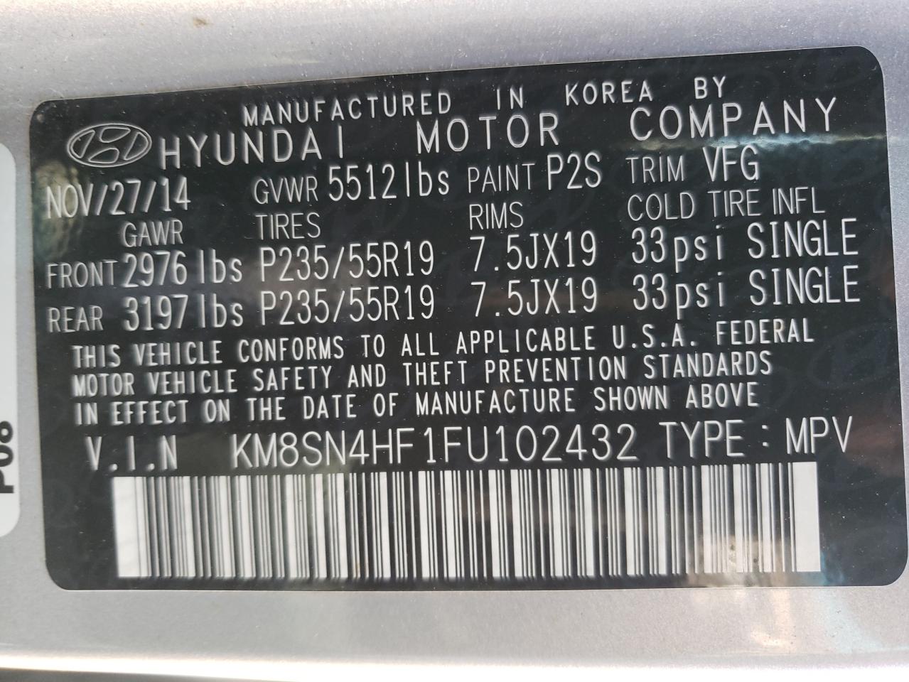 KM8SN4HF1FU102432 2015 Hyundai Santa Fe Gls