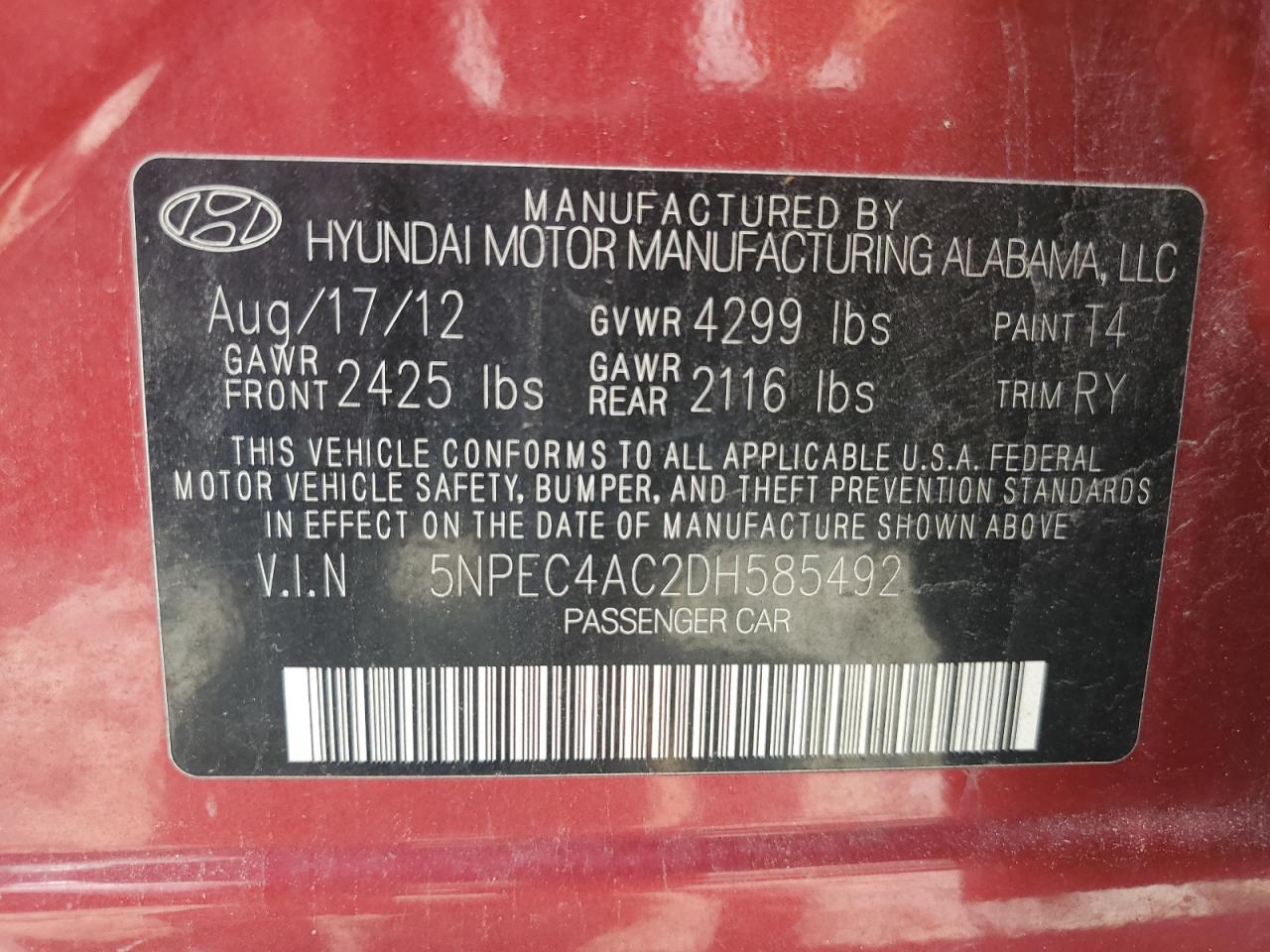 5NPEC4AC2DH585492 2013 Hyundai Sonata Se