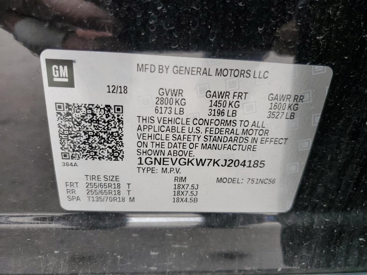 1GNEVGKW7KJ204185 CHEVROLET TRAVERSE 2019