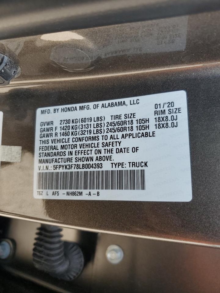 5FPYK3F78LB004393 2020 Honda Ridgeline Rtl