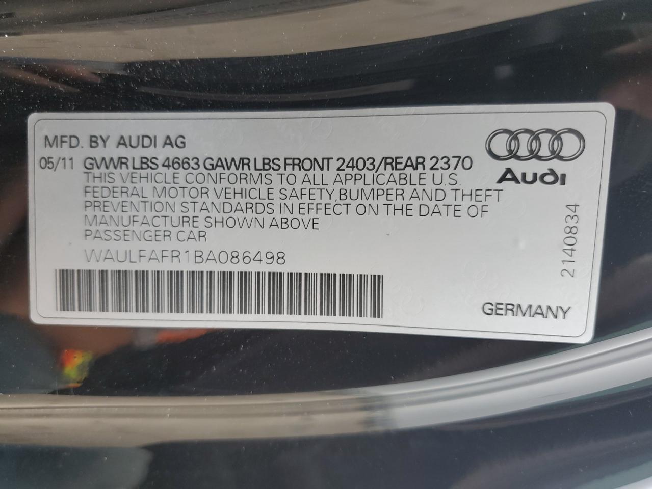 WAULFAFR1BA086498 2011 Audi A5 Premium Plus