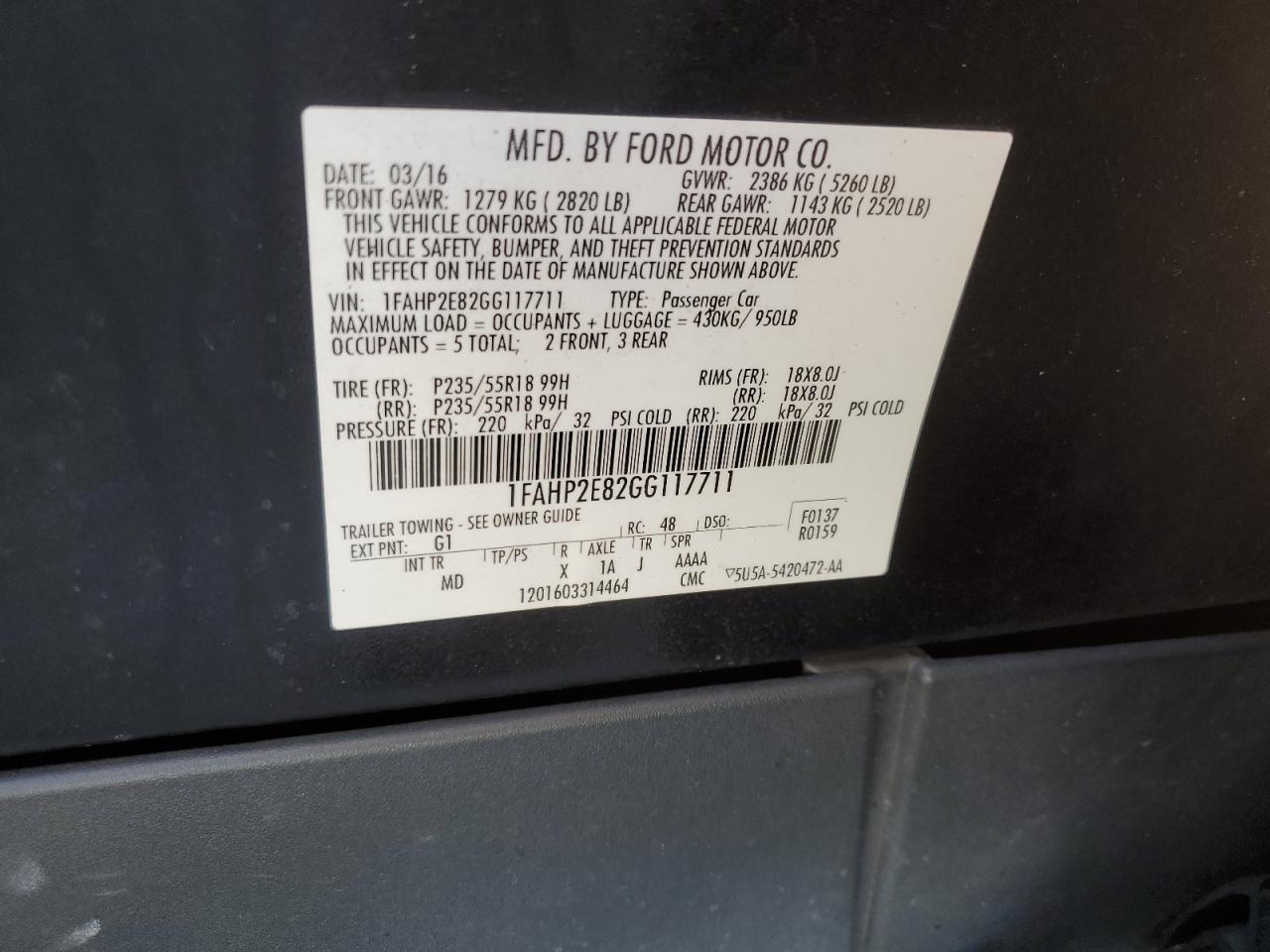 1FAHP2E82GG117711 FORD TAURUS 2016