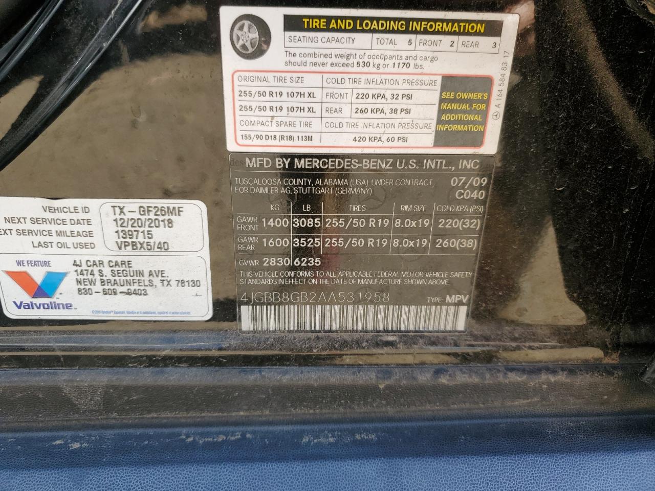 4JGBB8GB2AA531958 2010 Mercedes-Benz Ml 350 4Matic