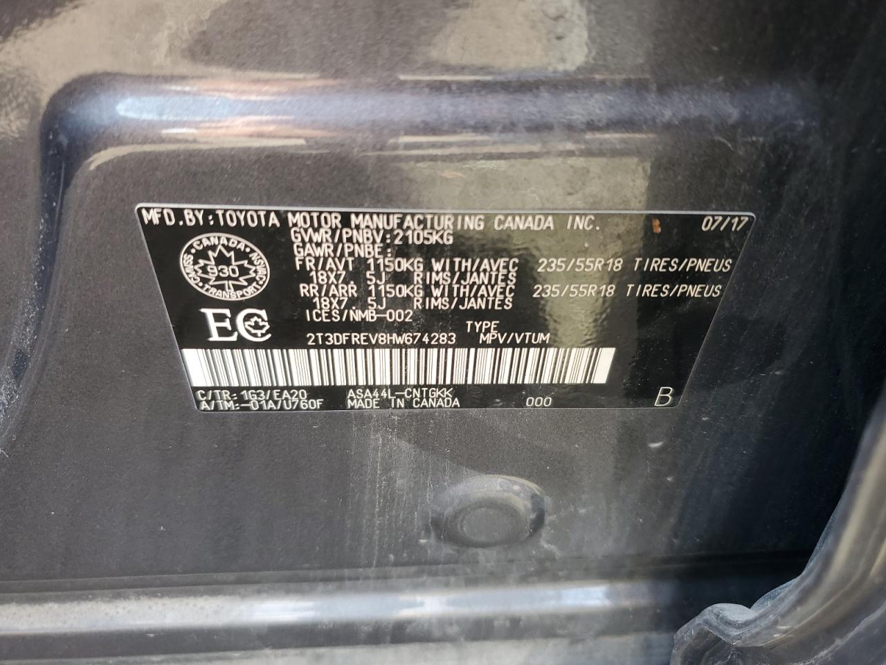 2T3DFREV8HW674283 2017 Toyota Rav4 Limited