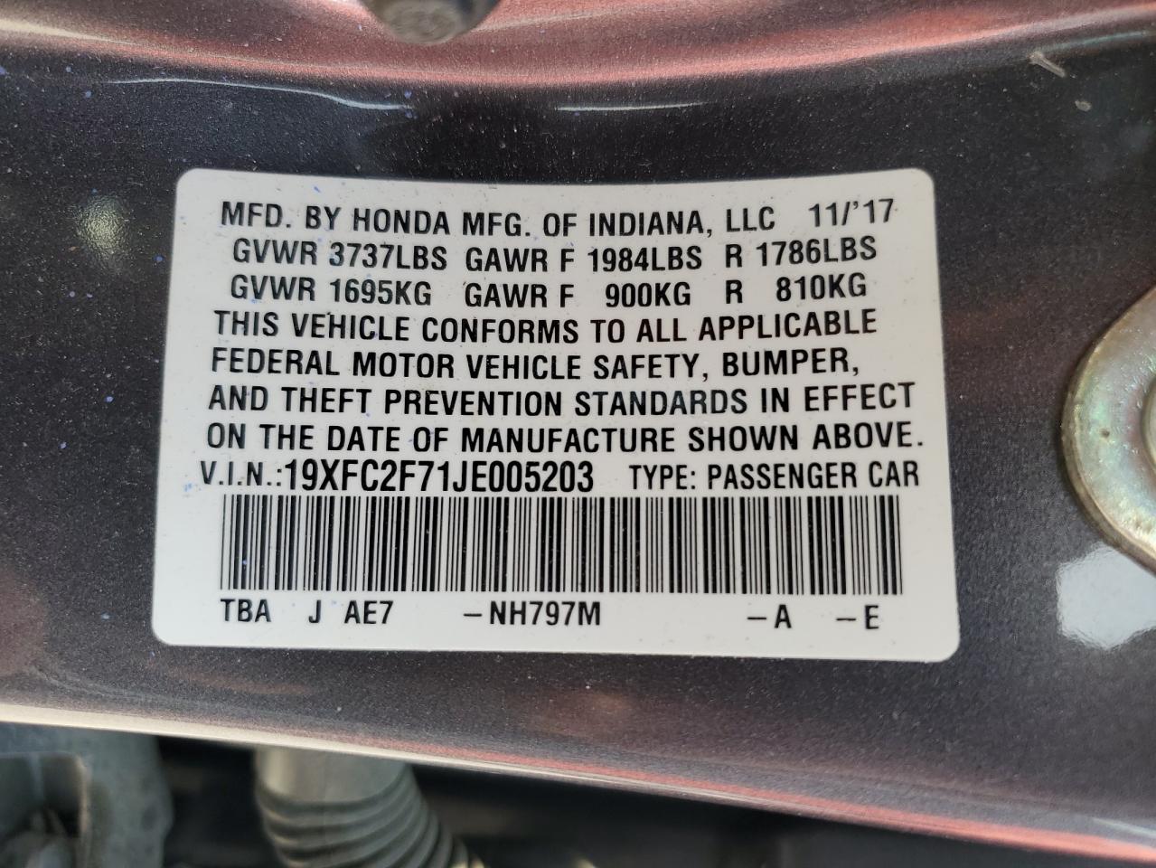 19XFC2F71JE005203 2018 Honda Civic Ex
