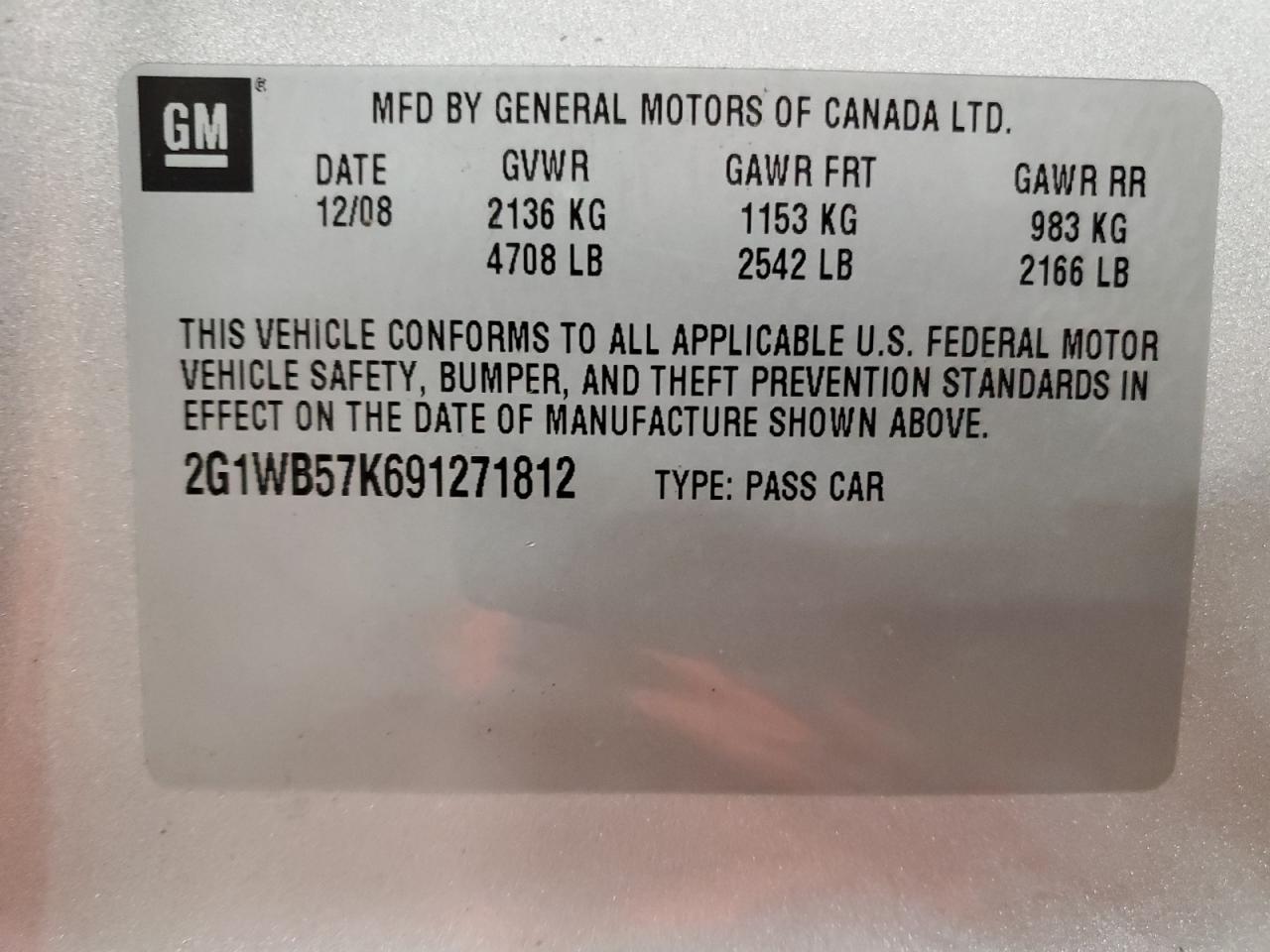 2G1WB57K691271812 2009 Chevrolet Impala Ls