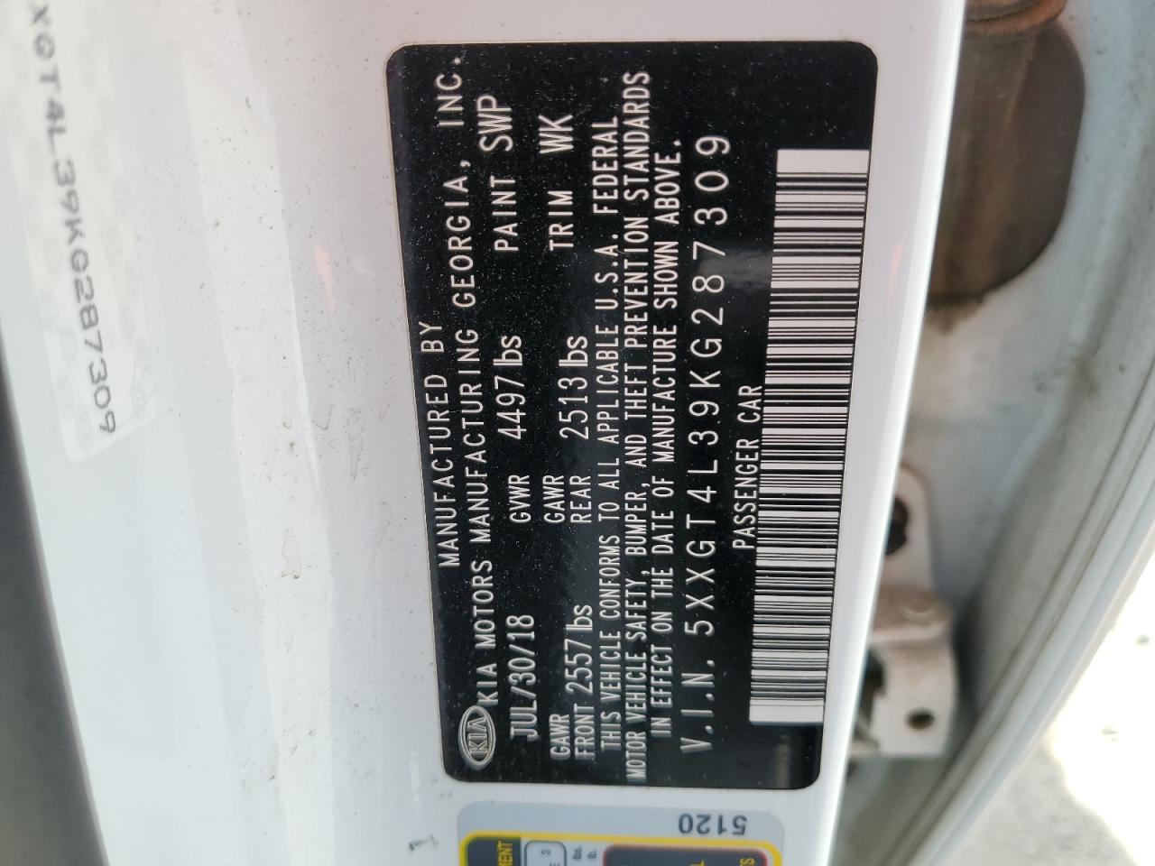 5XXGT4L39KG287309 2019 Kia Optima Lx