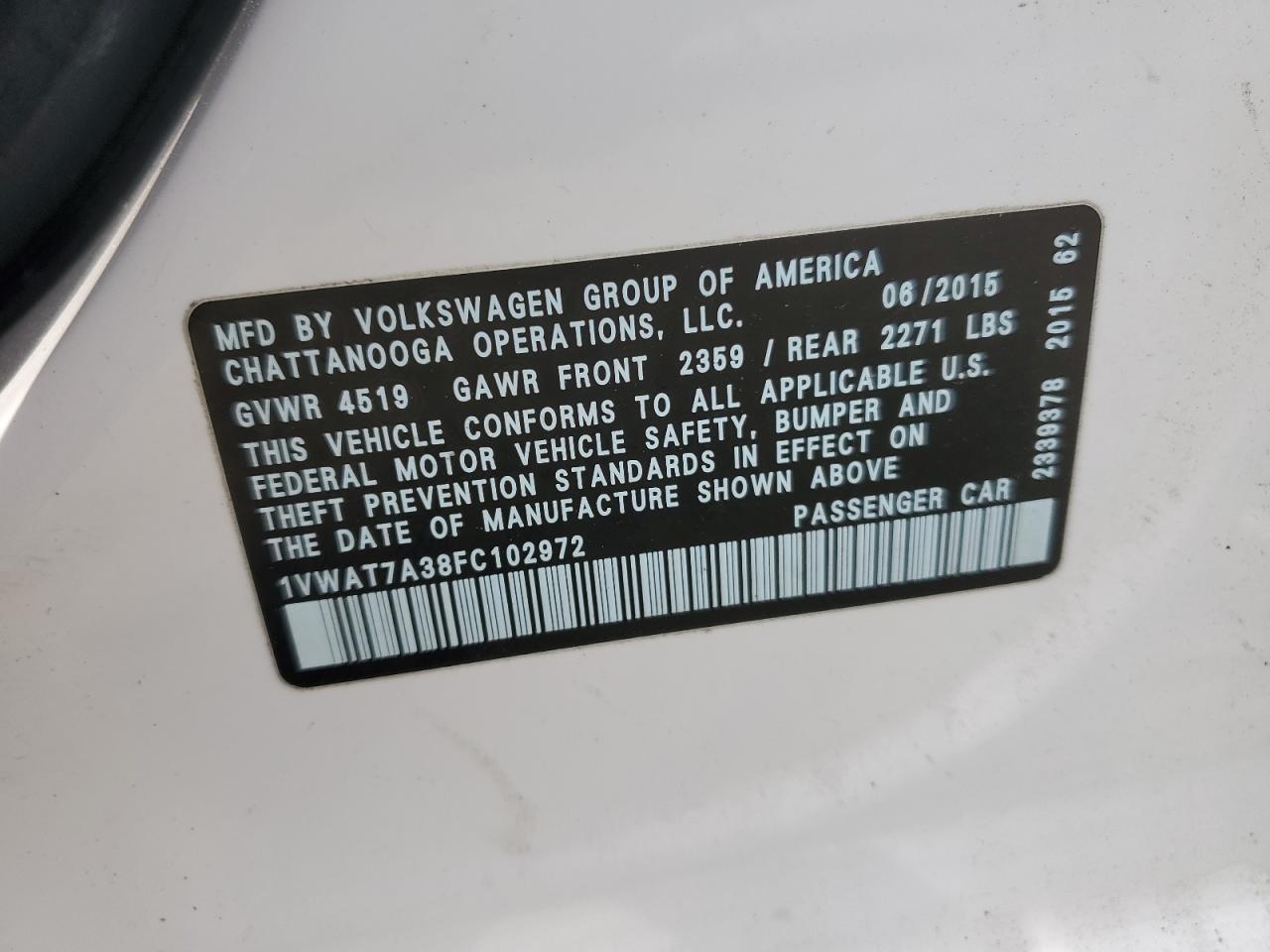 1VWAT7A38FC102972 2015 Volkswagen Passat S