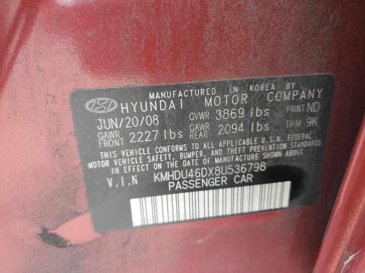 KMHDU46DX8U536798 2008 Hyundai Elantra Gls