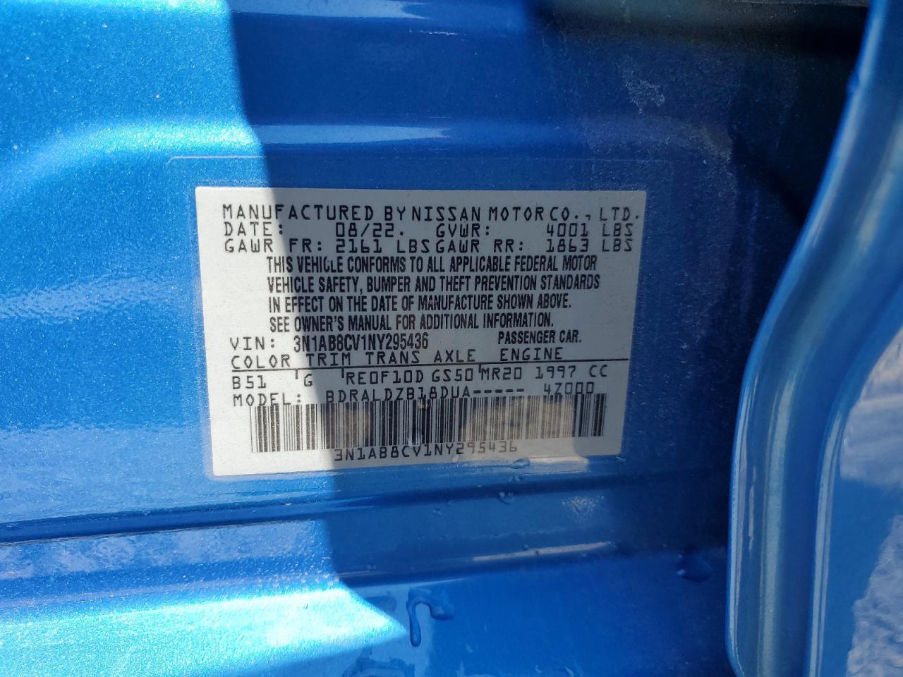 3N1AB8CV1NY295436 2022 Nissan Sentra Sv