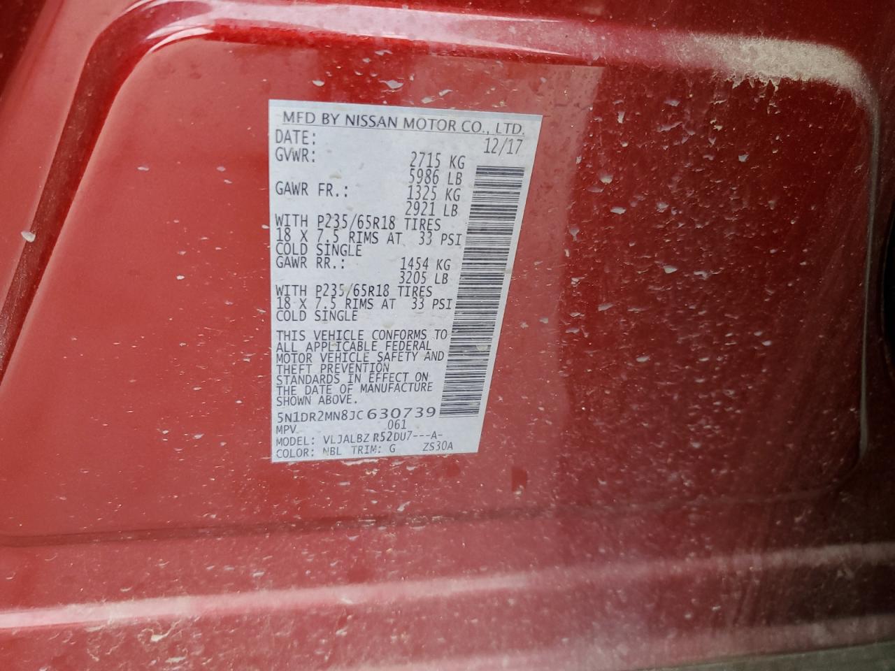 5N1DR2MN8JC630739 2018 Nissan Pathfinder S