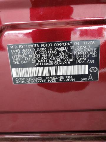 2007 Lexus Es 350 VIN: JTHBJ46G572078918 Lot: 55538354