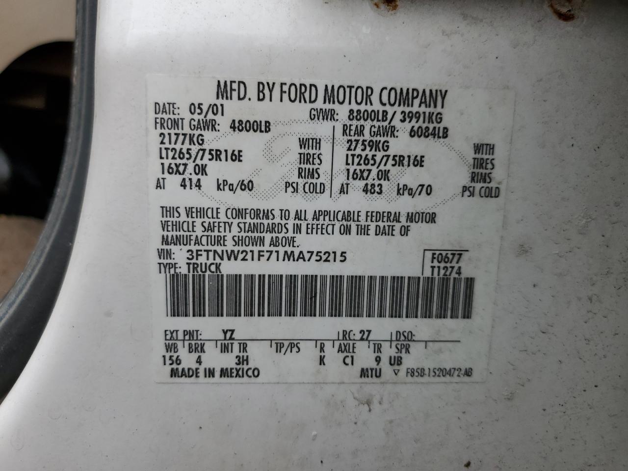 3FTNW21F71MA75215 2001 Ford F250 Super Duty