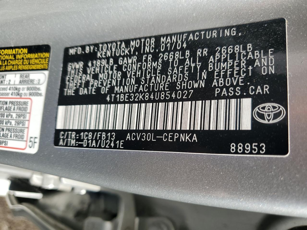 4T1BE32K84U854027 2004 Toyota Camry Le