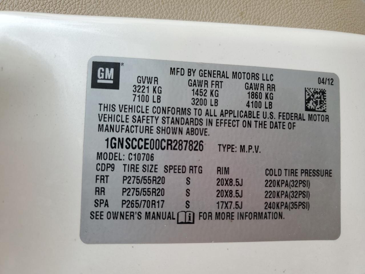 1GNSCCE00CR287826 2012 Chevrolet Tahoe C1500 Ltz