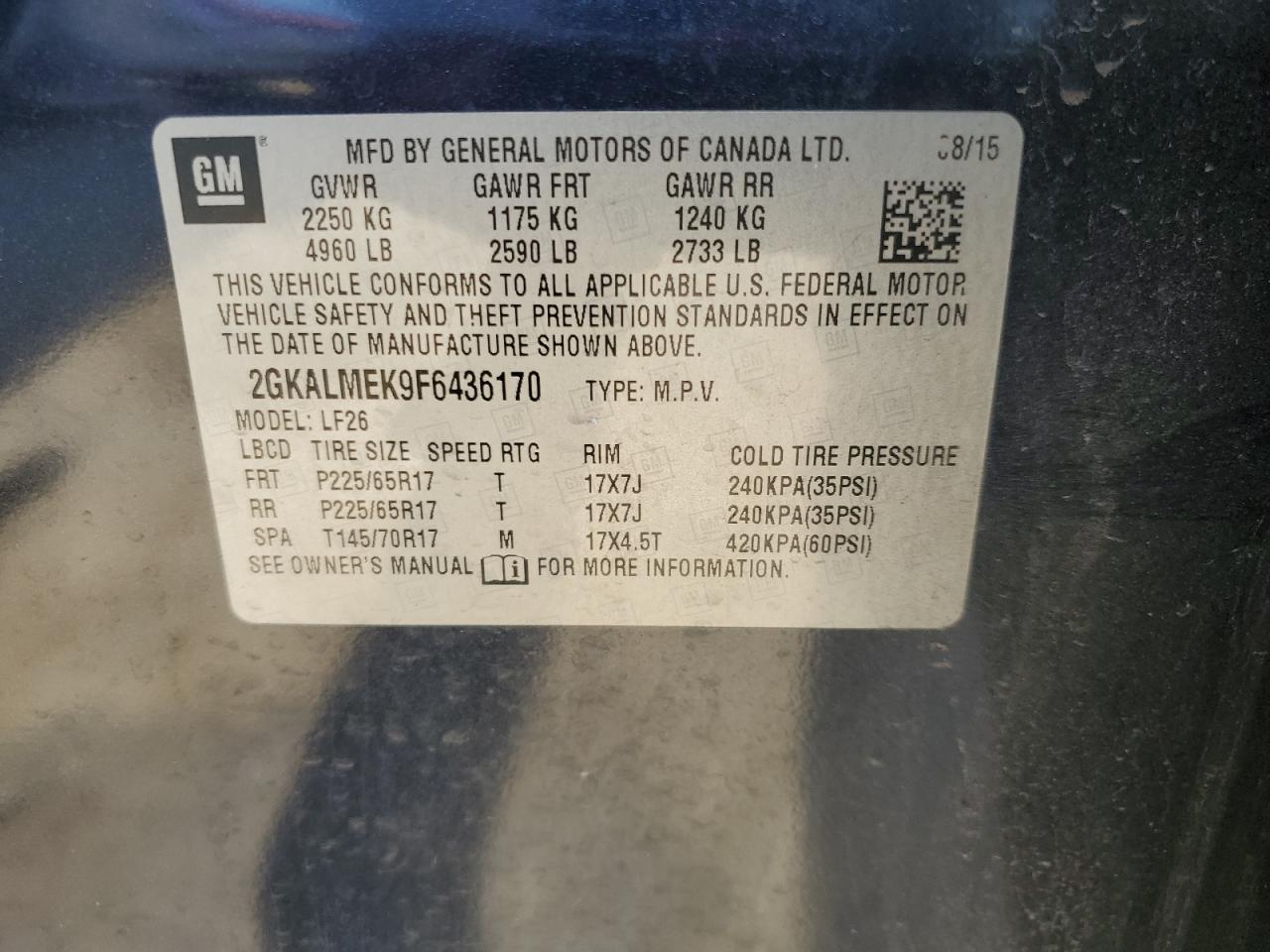 2015 GMC Terrain Sle vin: 2GKALMEK9F6436170