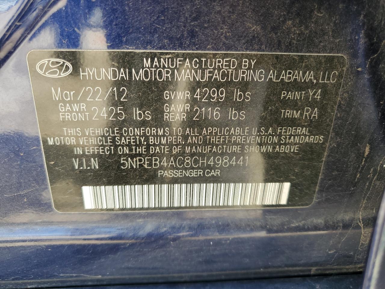 5NPEB4AC8CH498441 2012 Hyundai Sonata Gls