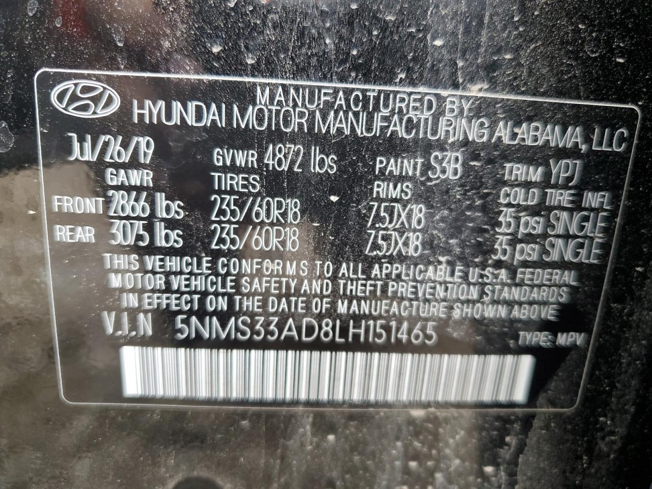 5NMS33AD8LH151465 2020 Hyundai Santa Fe Sel