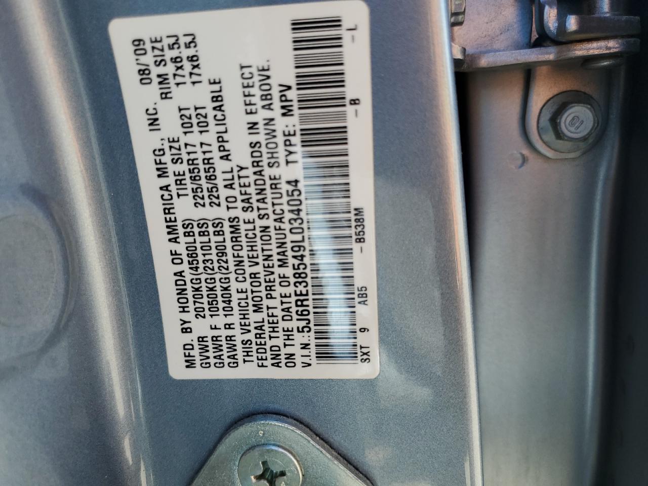 5J6RE38549L034054 2009 Honda Cr-V Ex