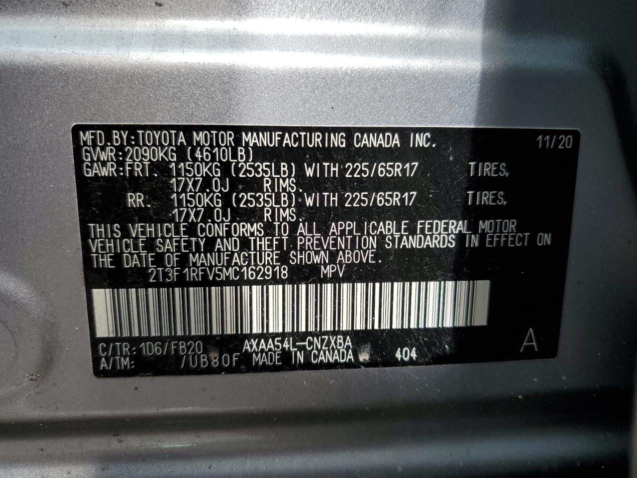 2T3F1RFV5MC162918 2021 Toyota Rav4 Le