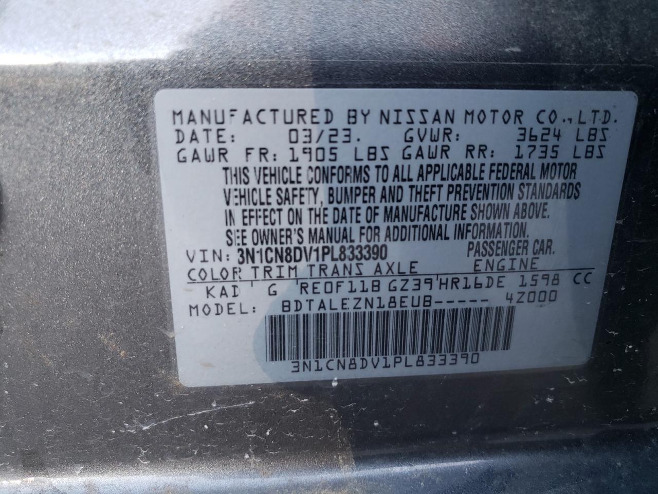3N1CN8DV1PL833390 NISSAN VERSA 2023