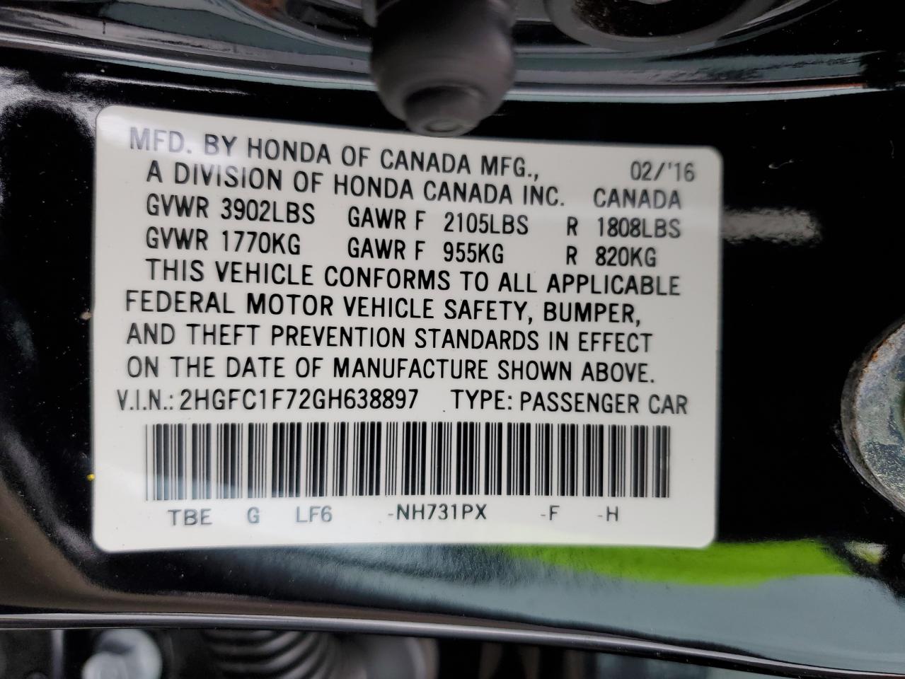 2HGFC1F72GH638897 2016 Honda Civic Exl