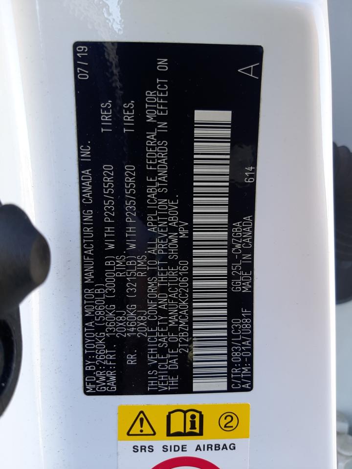 2T2BZMCA0KC206160 2019 Lexus Rx 350 Base